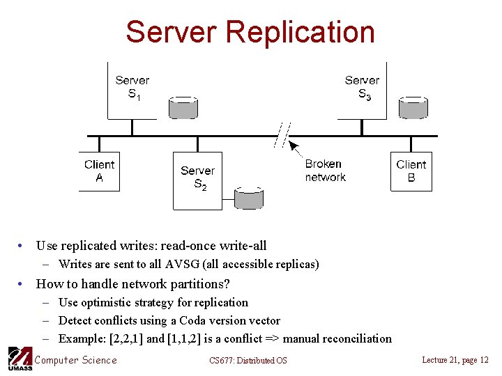 Server Replication • Use replicated writes: read-once write-all – Writes are sent to all