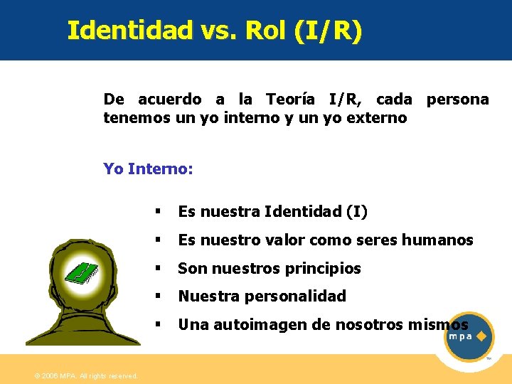 Identidad vs. Rol (I/R) De acuerdo a la Teoría I/R, cada persona tenemos un