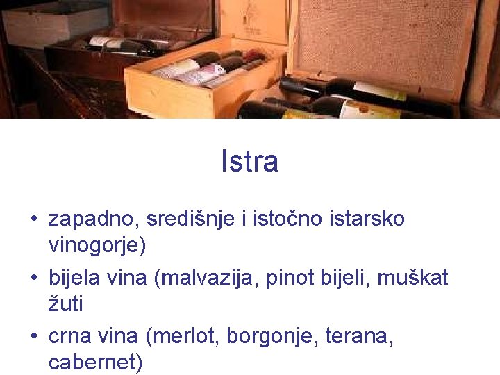 Istra • zapadno, središnje i istočno istarsko vinogorje) • bijela vina (malvazija, pinot bijeli,