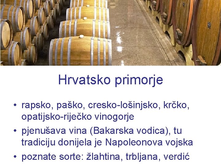 Hrvatsko primorje • rapsko, paško, cresko-lošinjsko, krčko, opatijsko-riječko vinogorje • pjenušava vina (Bakarska vodica),