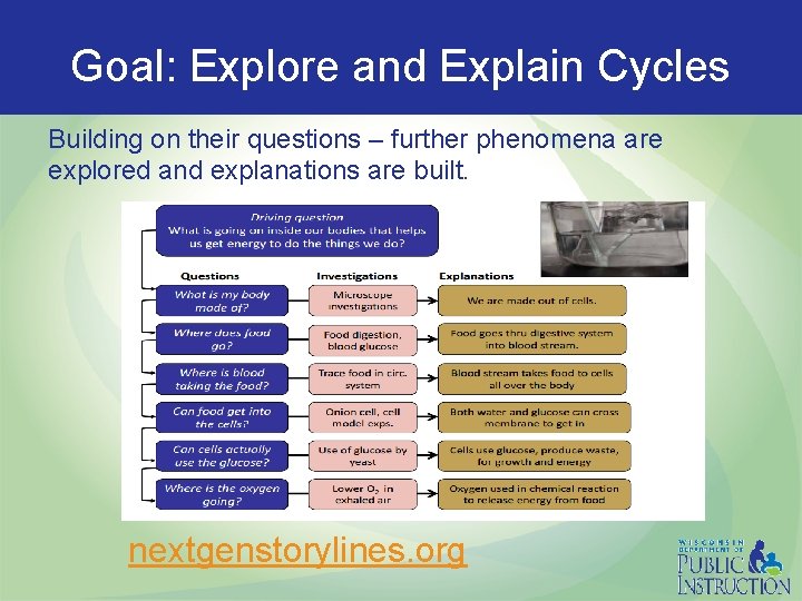 Goal: Explore and Explain Cycles Building on their questions – further phenomena are explored