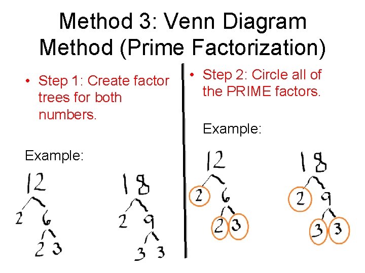 Method 3: Venn Diagram Method (Prime Factorization) • Step 1: Create factor trees for