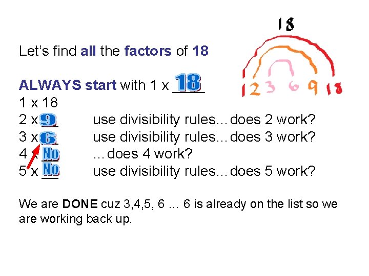 Let’s find all the factors of 18 ALWAYS start with 1 x ____ 1
