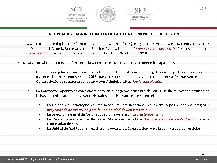 SCT ACTIVIDADES PARA INTEGRAR LA DE CARTERA DE PROYECTOS DE TIC 2019 1. La