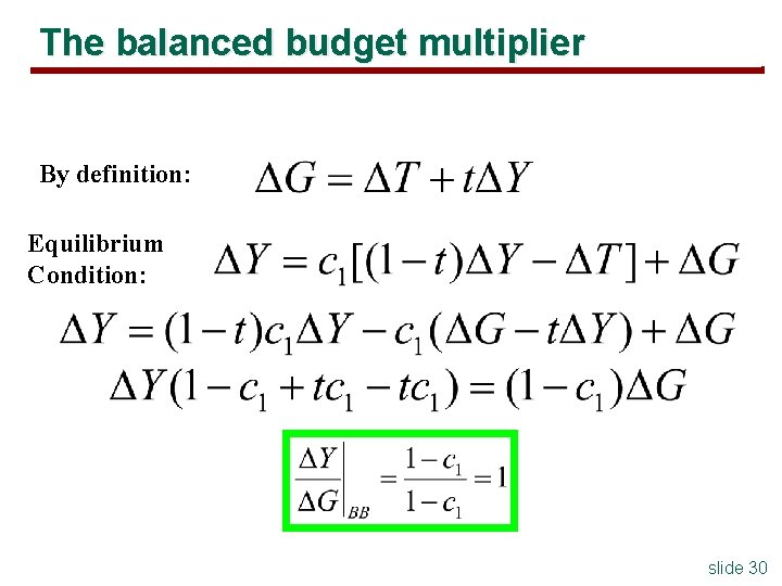 The balanced budget multiplier By definition: Equilibrium Condition: slide 30 