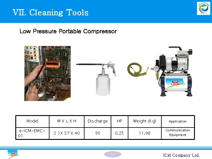 VII. Cleaning Tools Low Pressure Portable Compressor Model WXLXH Discharge HP Weight (Kg) Application