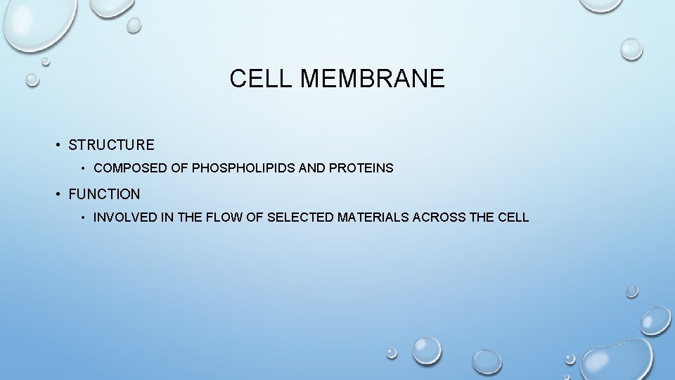 CELL MEMBRANE • STRUCTURE • COMPOSED OF PHOSPHOLIPIDS AND PROTEINS • FUNCTION • INVOLVED
