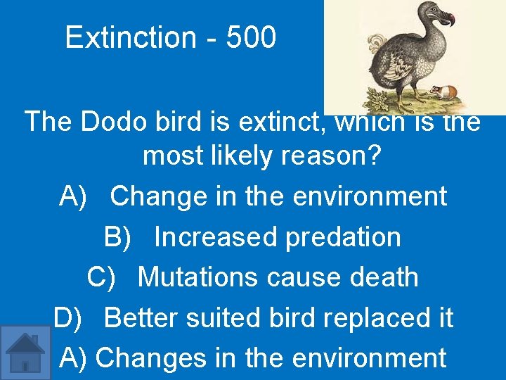 Extinction - 500 The Dodo bird is extinct, which is the most likely reason?