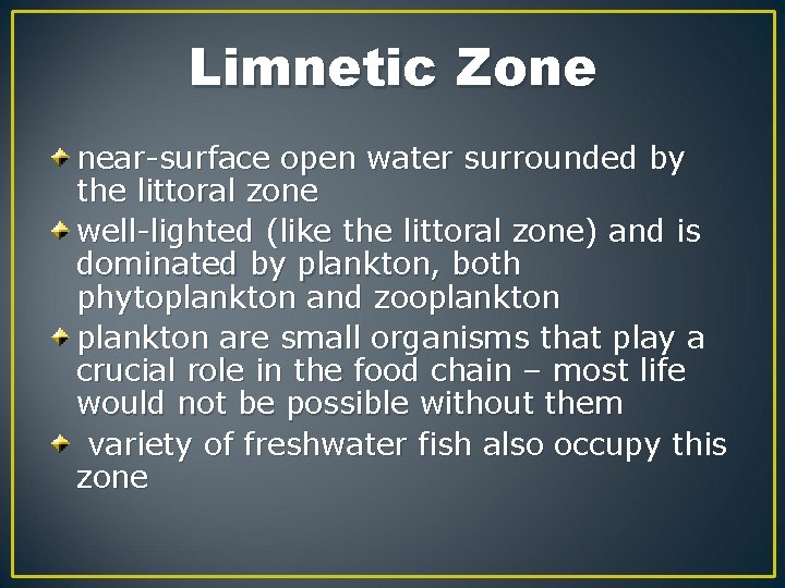 Limnetic Zone near-surface open water surrounded by the littoral zone well-lighted (like the littoral