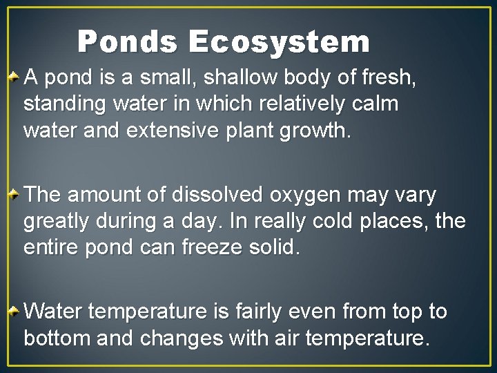 Ponds Ecosystem A pond is a small, shallow body of fresh, standing water in