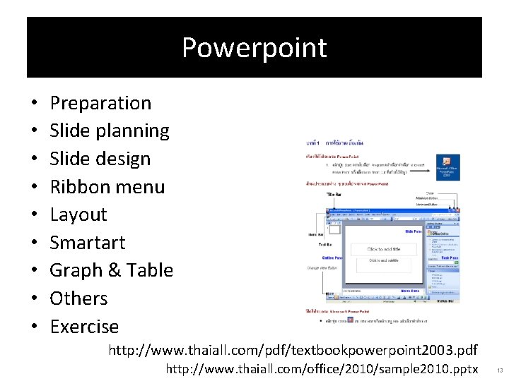 Powerpoint • • • Preparation Slide planning Slide design Ribbon menu Layout Smartart Graph