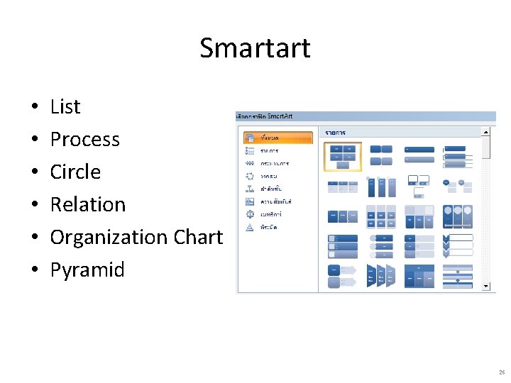 Smartart • • • List Process Circle Relation Organization Chart Pyramid 26 