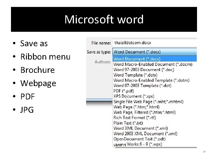 Microsoft word • • • Save as Ribbon menu Brochure Webpage PDF JPG 30