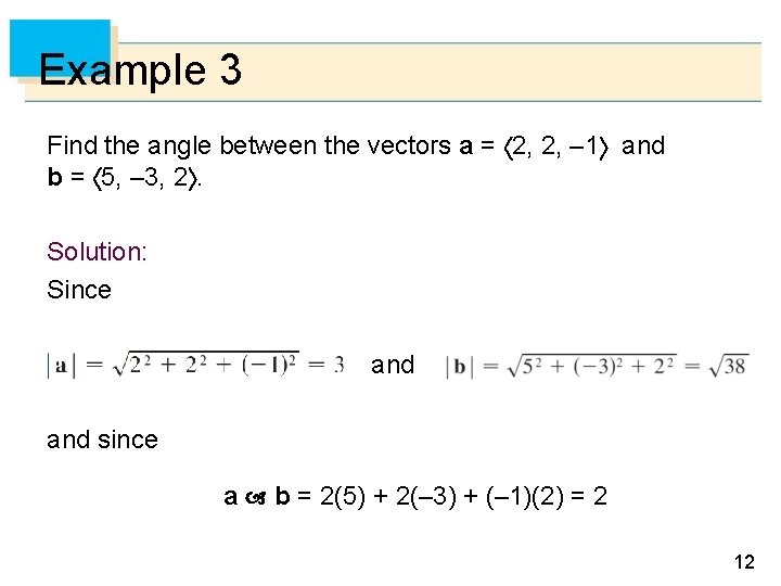 Example 3 Find the angle between the vectors a = 2, 2, – 1