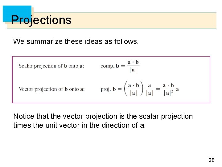 Projections We summarize these ideas as follows. Notice that the vector projection is the