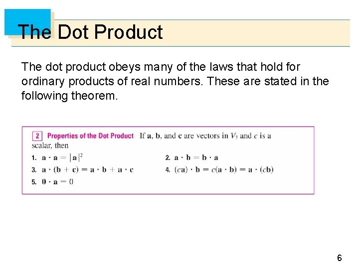 The Dot Product The dot product obeys many of the laws that hold for