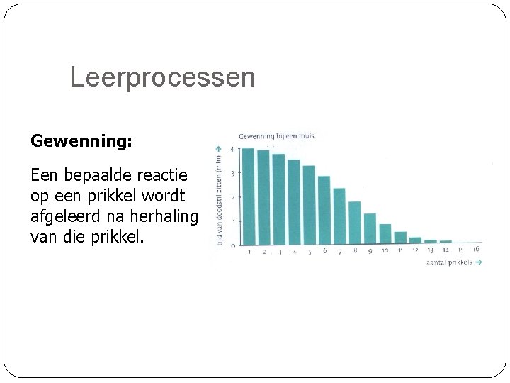 Leerprocessen Gewenning: Een bepaalde reactie op een prikkel wordt afgeleerd na herhaling van die