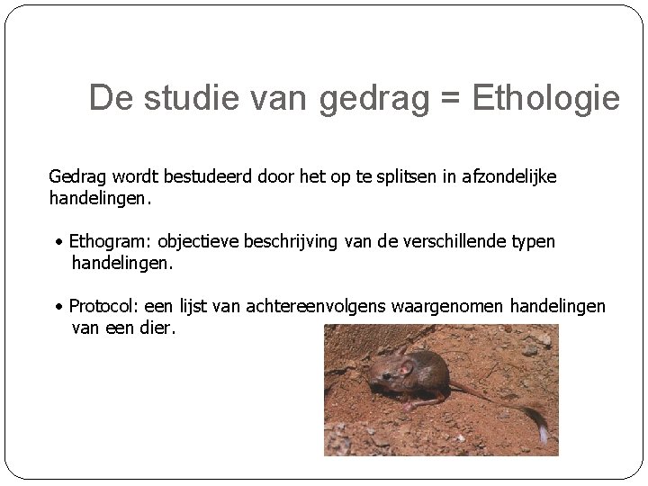 De studie van gedrag = Ethologie Gedrag wordt bestudeerd door het op te splitsen