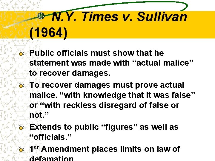 N. Y. Times v. Sullivan (1964) Public officials must show that he statement was