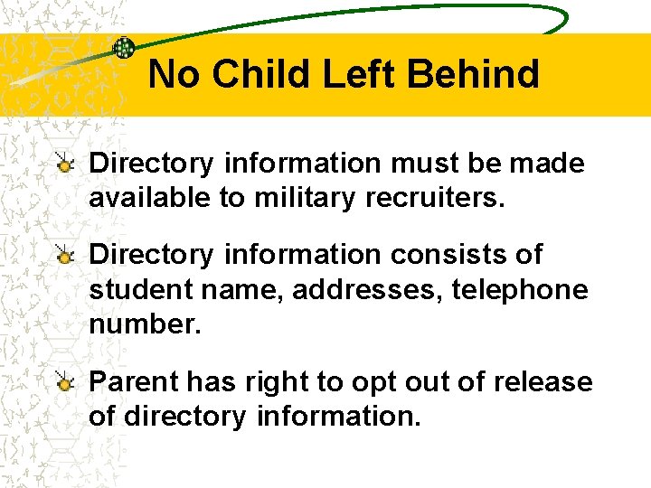 No Child Left Behind Directory information must be made available to military recruiters. Directory