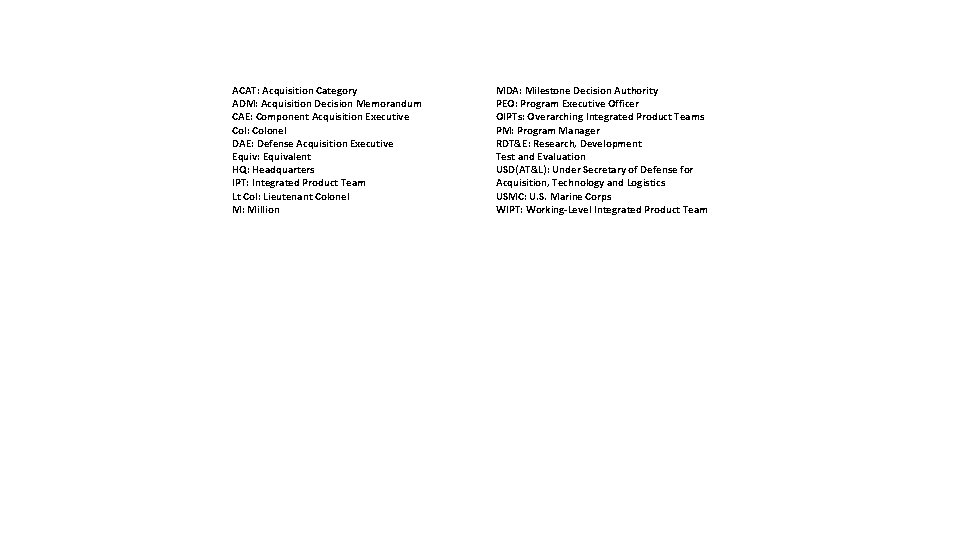 ACAT: Acquisition Category ADM: Acquisition Decision Memorandum CAE: Component Acquisition Executive Col: Colonel DAE: ACAT: Acquisition Category ADM: Acquisition Decision Memorandum CAE: Component Acquisition Executive Col: Colonel DAE: