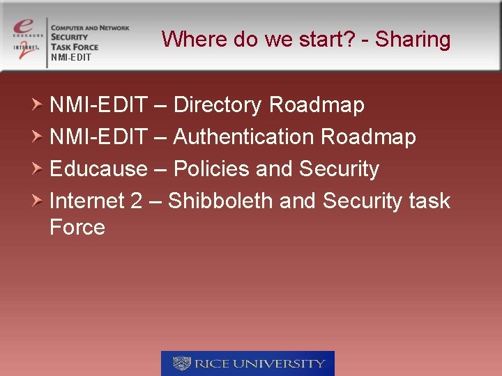 Where do we start? - Sharing NMI-EDIT – Directory Roadmap NMI-EDIT – Authentication Roadmap