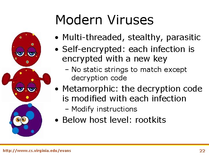 Modern Viruses • Multi-threaded, stealthy, parasitic • Self-encrypted: each infection is encrypted with a