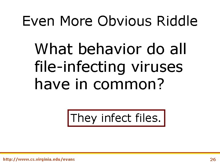 Even More Obvious Riddle What behavior do all file-infecting viruses have in common? They