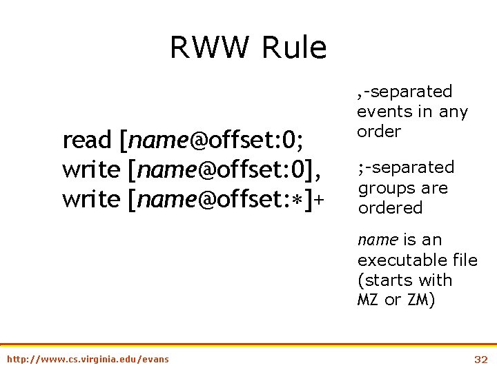RWW Rule read [name@offset: 0; write [name@offset: 0], write [name@offset: ]+ , -separated events