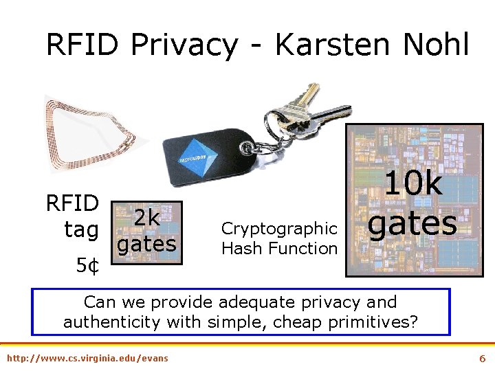 RFID Privacy - Karsten Nohl RFID tag 5¢ 2 k gates Cryptographic Hash Function