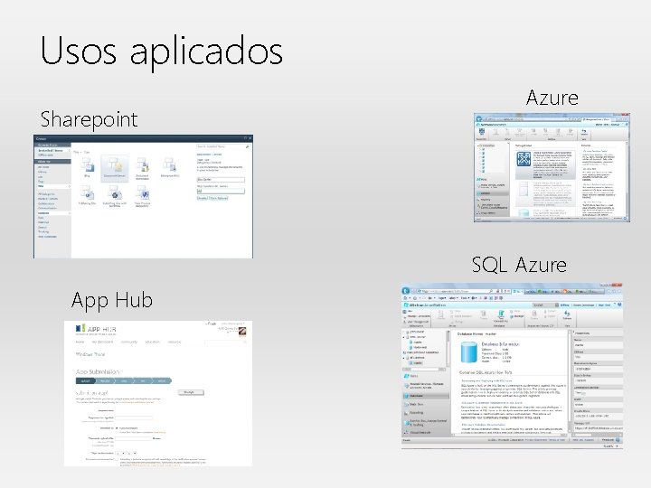 Usos aplicados Sharepoint Azure SQL Azure App Hub 