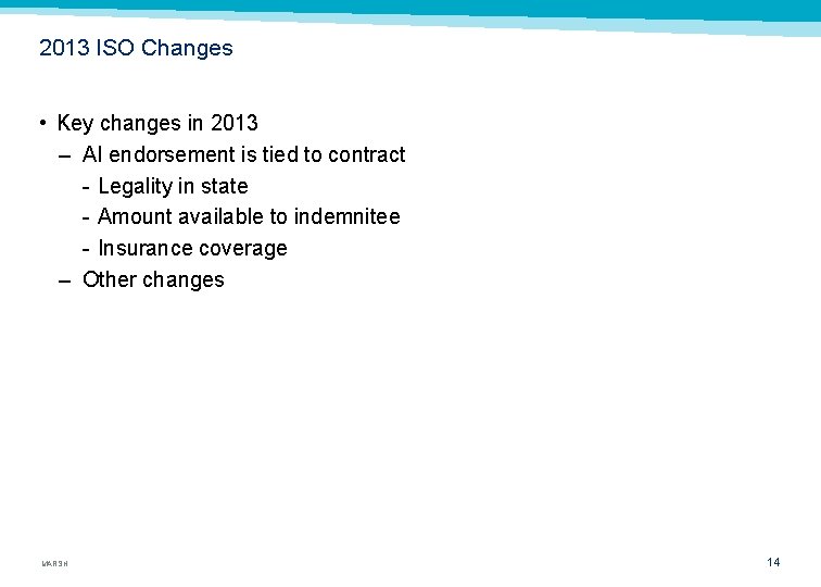 2013 ISO Changes • Key changes in 2013 – AI endorsement is tied to