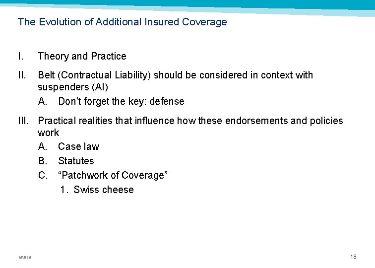 The Evolution of Additional Insured Coverage I. Theory and Practice II. Belt (Contractual Liability)