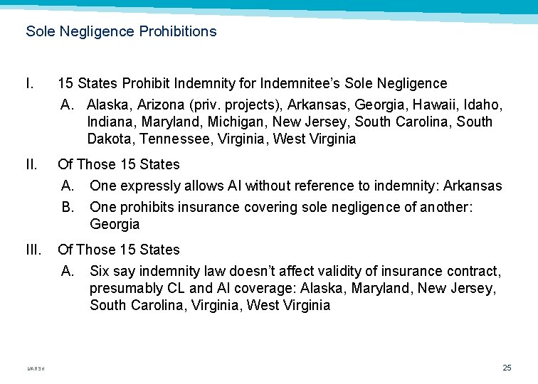 Sole Negligence Prohibitions I. 15 States Prohibit Indemnity for Indemnitee’s Sole Negligence A. Alaska,