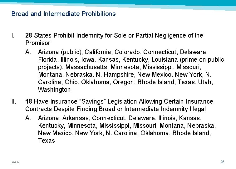 Broad and Intermediate Prohibitions I. 28 States Prohibit Indemnity for Sole or Partial Negligence
