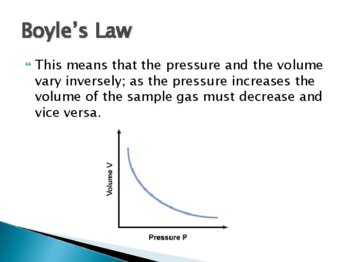 Boyle’s Law This means that the pressure and the volume vary inversely; as the
