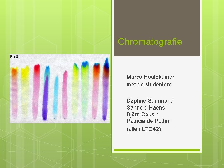 Chromatografie Marco Houtekamer met de studenten: Daphne Suurmond Sanne d’Haens Björn Cousin Patricia de Chromatografie Marco Houtekamer met de studenten: Daphne Suurmond Sanne d’Haens Björn Cousin Patricia de
