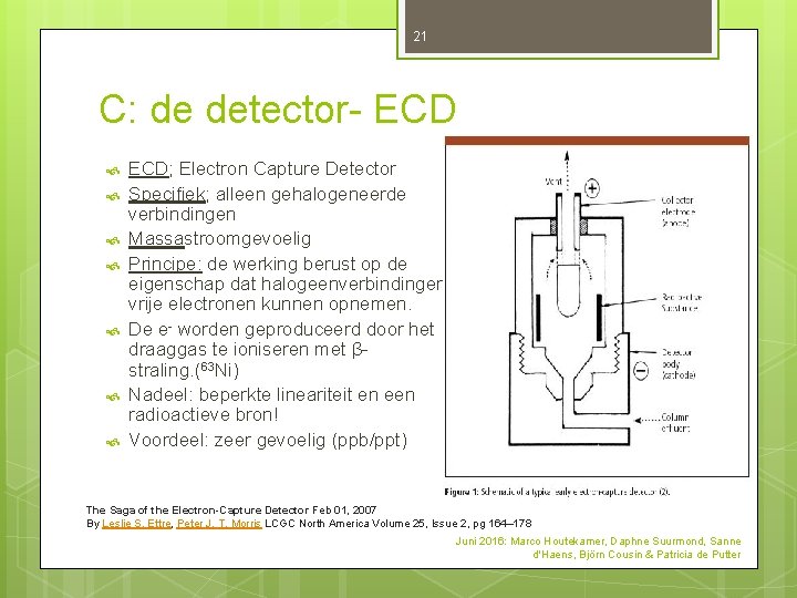 21 C: de detector- ECD ECD; Electron Capture Detector Specifiek; alleen gehalogeneerde verbindingen Massastroomgevoelig 21 C: de detector- ECD ECD; Electron Capture Detector Specifiek; alleen gehalogeneerde verbindingen Massastroomgevoelig
