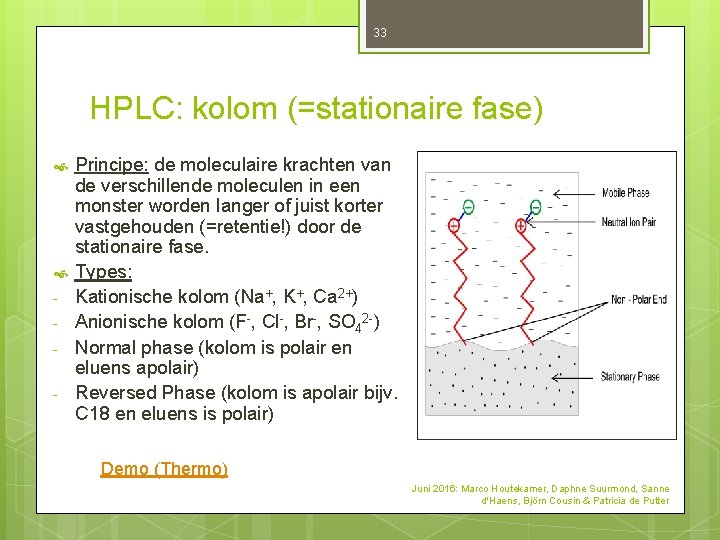 33 HPLC: kolom (=stationaire fase) - Principe: de moleculaire krachten van de verschillende moleculen 33 HPLC: kolom (=stationaire fase) - Principe: de moleculaire krachten van de verschillende moleculen