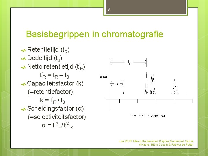 9 Basisbegrippen in chromatografie Retentietijd (t. R) Dode tijd (t 0) Netto retentietijd (t’R) 9 Basisbegrippen in chromatografie Retentietijd (t. R) Dode tijd (t 0) Netto retentietijd (t’R)