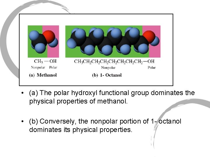  • (a) The polar hydroxyl functional group dominates the physical properties of methanol.