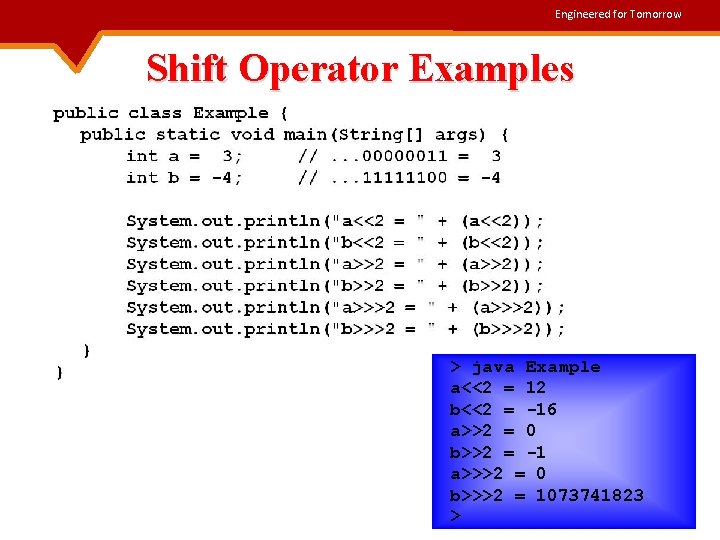 Engineered for Tomorrow Shift Operator Examples > java Example a<<2 = 12 b<<2 =