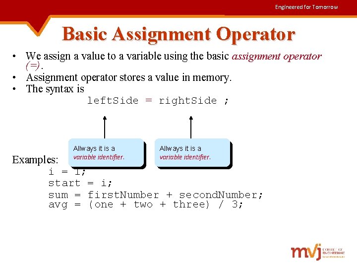 Engineered for Tomorrow Basic Assignment Operator • We assign a value to a variable