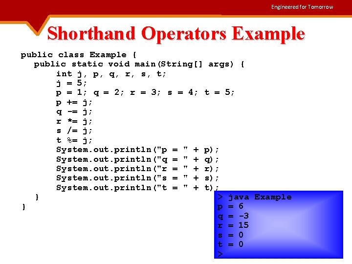 Engineered for Tomorrow Shorthand Operators Example public class Example { public static void main(String[]