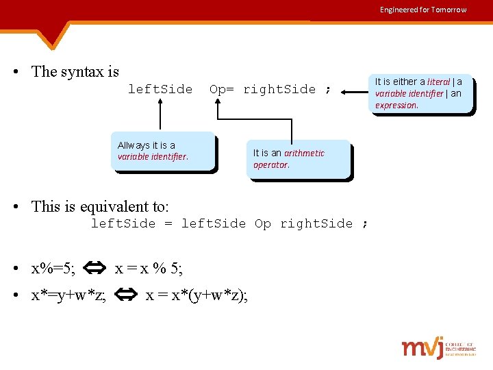 Engineered for Tomorrow • The syntax is left. Side Allways it is a variable