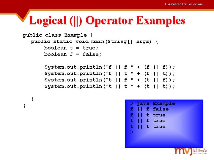 Engineered for Tomorrow Logical (||) Operator Examples > f f t t > java