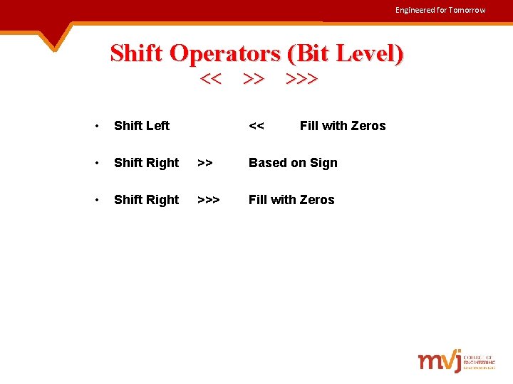 Engineered for Tomorrow Shift Operators (Bit Level) << >> >>> • Shift Left •