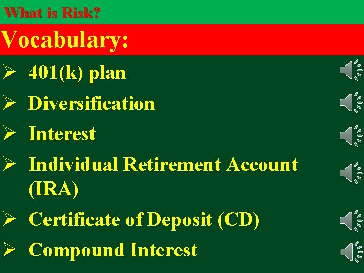 What is Risk? Vocabulary: Ø Ø 401(k) plan Diversification Interest Individual Retirement Account (IRA)