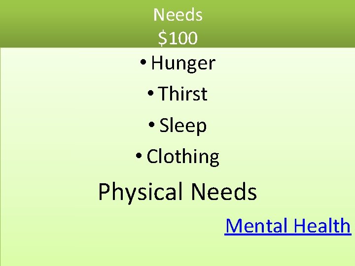 Needs $100 • Hunger • Thirst • Sleep • Clothing Physical Needs Mental Health