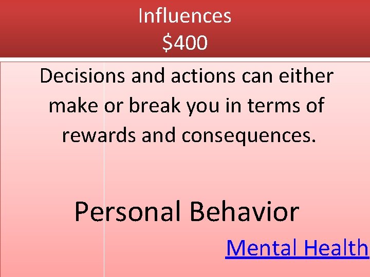 Influences $400 Decisions and actions can either make or break you in terms of